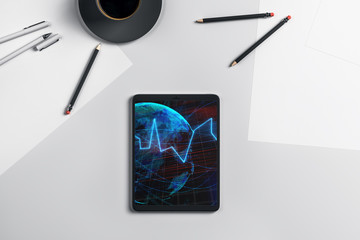 Digital tablet closeup top view with financial graph and partial world map on screen. Online international trading application concept. 3d rendering.