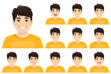 Young asian man with different facial expressions set vector illustration isolated