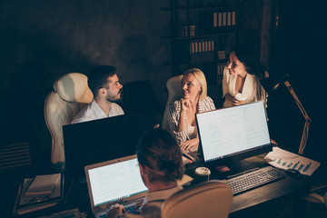 Four nice attractive hardworking cheerful people leaders partners top executive managers...