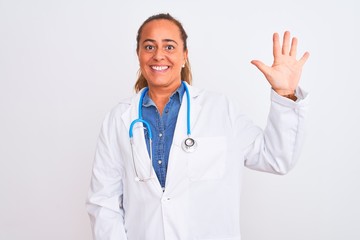 Middle age mature doctor woman wearing stethoscope over isolated background showing and pointing up with fingers number five while smiling confident and happy.