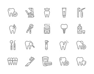 Set of Dentistry Line Icons. Toothpaste, Implant, Mouthwash, Toothbrush and more