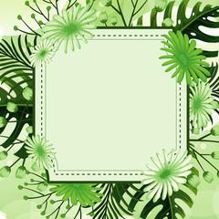 Background design with green leaves and flowers frame