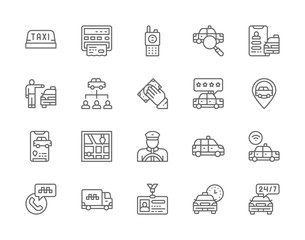 Set of Taxi Line Icons. Truck, Delivery, Cabbie, Taxicab, Id Card and more.