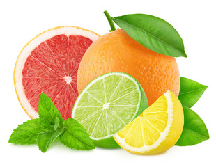 Multicolored composition with mix of different citrus fruits with mint isolated on a white background.