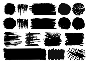 Vector set of hand drawn paint brush strokes and stains isolated on white backdrop.