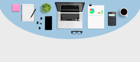 Top view business or office desk and supplies, with copy space. Creative flat lay photo of workspace desk - panoramic background