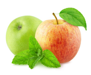 Composition with juicy apples and sprig of mint isolated on a white background with clipping path.