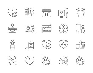 Set of Heart Attack Line Icons. Cardiogram, First Aid Kit, Heartbeat and more.