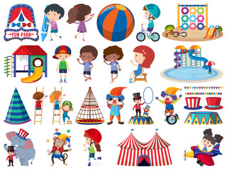 Large set of isolated objects of kids and circus