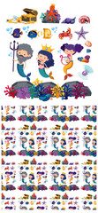 Seamless background design with mermaids and sea creatures