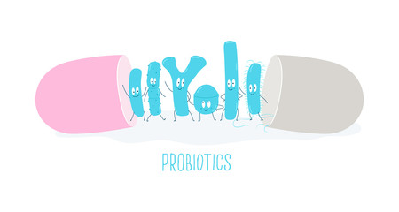 Types of useful probiotics in the capsule. Vector illustration.