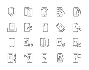 Set of Phone Repair Line Icons. Mobile Spam, Protective Glass, Software Virus