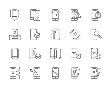 Set of Phone Repair Line Icons. Mobile Spam, Protective Glass, Software Virus