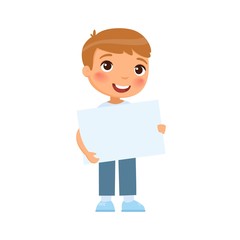 Little smiling boy holding empty banner flat vector illustration. Cute school kid with blank paper sheet in hands isolated on white background. Happy young kid with poster mock up