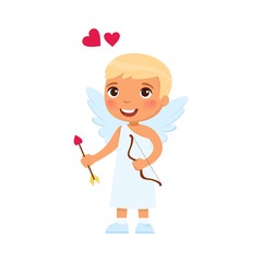 Little smiling male cupid, child flat vector illustration. Valentines Day celebration symbol. Blonde boy with wings holding arrows character. February 14 holiday. Cute angel isolated design element