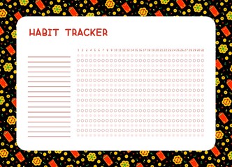 Habit tracker for month flat vector template. Planner page; with chinese; red envelopments and golden coins layout. Daily achievements planning. Assignments blank timetable design