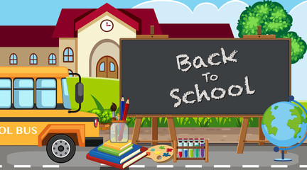 Back to school sign with many school items