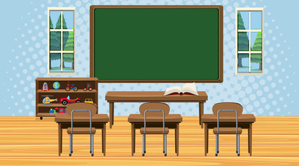 Classroom scene with chalkboard and desks