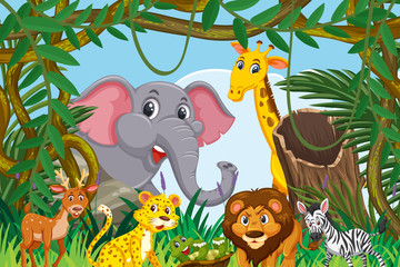 Cute animals in jungle scene