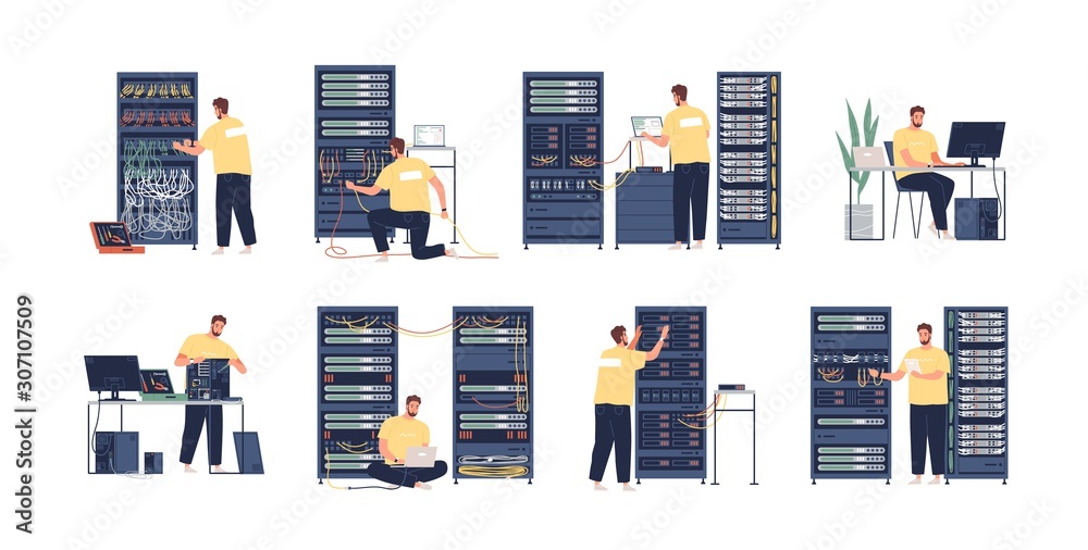 Poster System administrator flat vector illustrations set. Computer repair, upkeeping server, adjusting network. Sysadmin cartoon character isolated on white background. Data center maintenance service.