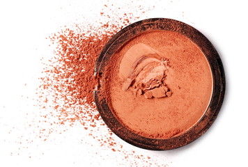 Face powder in round packaging, container isolated on white background, top view