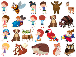 Set of isolated objects of children and animals