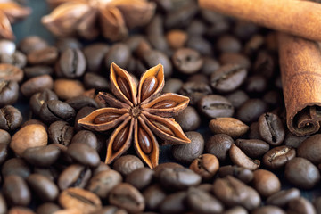 Coffee beans and badyan close up