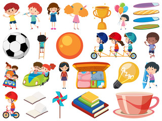 Set of isolated objects of kids and school items