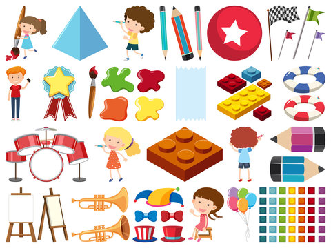 Set of isolated objects of kids and stationeries