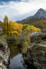 Fototapeta na wymiar Autumnal landscape on the Curueño river. Cueto Ancino in the background, León, Spain