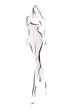 Young woman, model in dress. Fashion illustration in sketch style. Vector