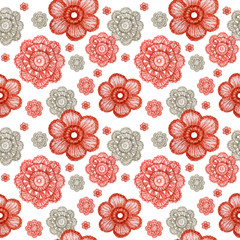 Watercolor Seamless pattern Hobby Crochet flower. Collection of hand drawn coral red, gray colors flowers elements of Crocheting and knitting on white background