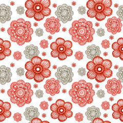 Watercolor Seamless pattern Hobby Crochet flower. Collection of hand drawn coral red, gray colors flowers elements of Crocheting and knitting on white background