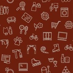 Shops, seamless pattern, color, thin outline, brown, vector. Different product categories. A subtle, linear pattern. Beige icons on a brown field.  