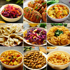 Collage of food in the dishes. A variety of food, vegetables, chicken, close-up and top view. Options for dishes.