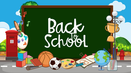 Back to school sign with many school items