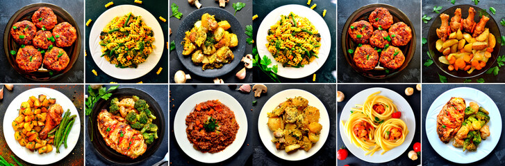 Collage of food in the dishes. A variety of food, vegetables, chicken, close-up and top view. Options for dishes.