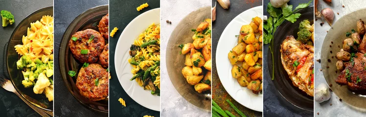 Fototapete Essen Collage von Lebensmitteln in den Gerichten. Eine Vielzahl von Lebensmitteln, Gemüse, Hühnchen, Nahaufnahme und Draufsicht. Optionen für Gerichte.