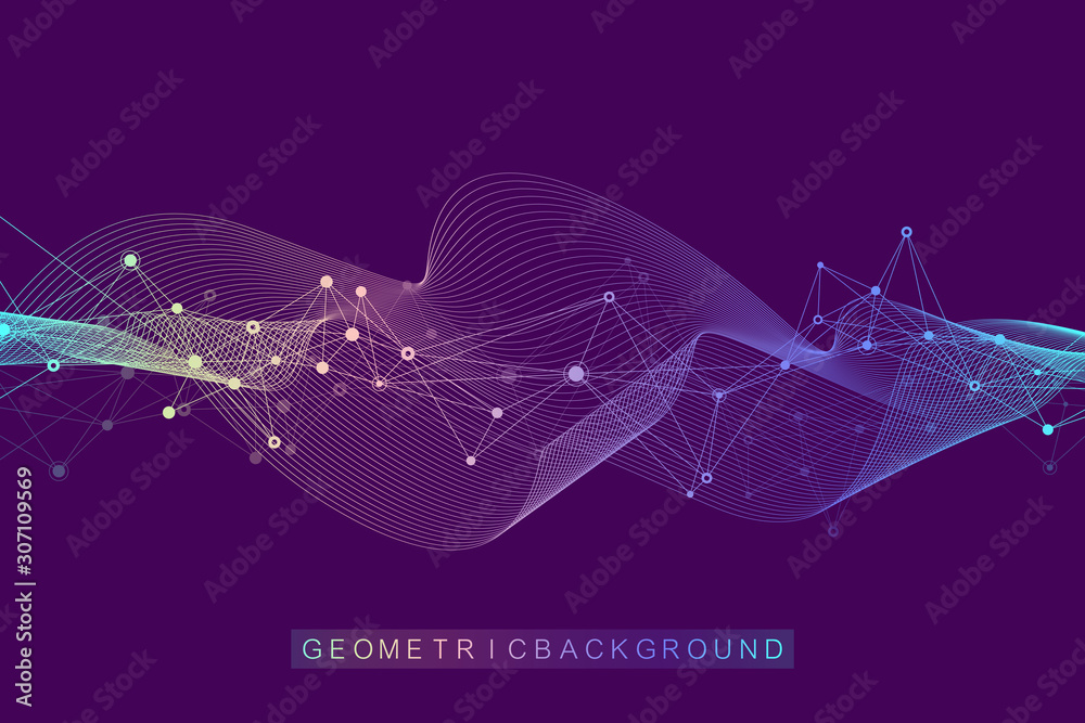 Poster Abstract dynamic motion lines and dots background with colorful particles. Digital streaming background, wave flow. Plexus stream background. Big Data technology, vector illustration