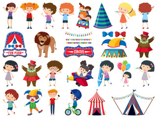 Large set of isolated objects of kids and circus