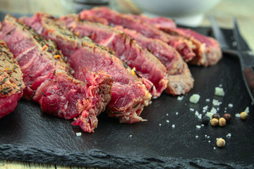 rib of beef grilled in slice on a wooden table