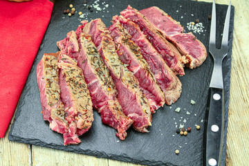 rib of beef grilled in slice on a wooden table
