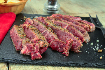 rib of beef grilled in slice on a wooden table