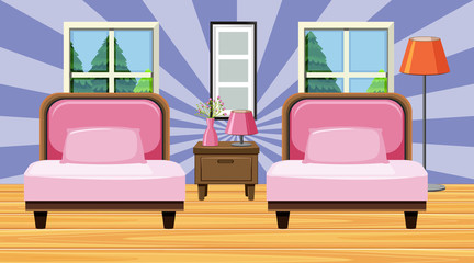 Room with two pink sofa and cushions