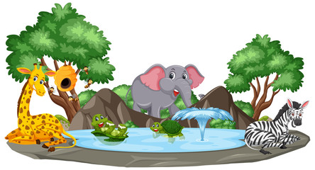 Background scene of wild animals by the pond