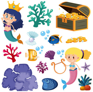 Set of isolated mermaid and fish