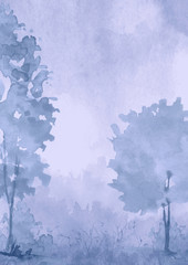 Watercolor tree of blue, green color. Autumn countryside landscape. Bush, tree, aspen, linden, oak, poplar, wild grass, forest plant. Handmade drawing. Stylish, trendy art background. Modern art
