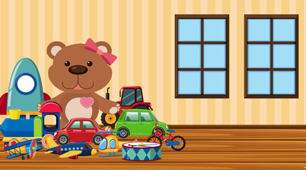 Obraz na płótnie Canvas Scene with many cute toys on the floor