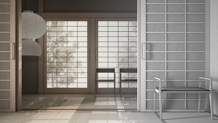 Architect interior designer concept: empty open space with mats tatami and futon floor, wooden roof, chinese paper doors, chairs with lamps, lounge room, window with zen garden