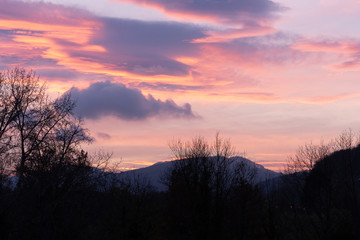 Dramatic sunset with pink clouds over bar trees and hills in wintertime in Switzerland. Unprocessed and original.